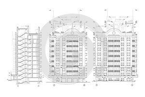Multistory building facades, detailed architectural technical drawing